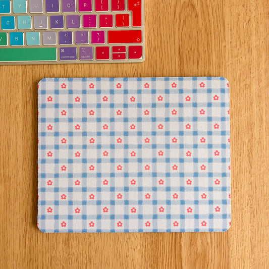 Blue Gingham Daisy - Rectangle Mouse Mat