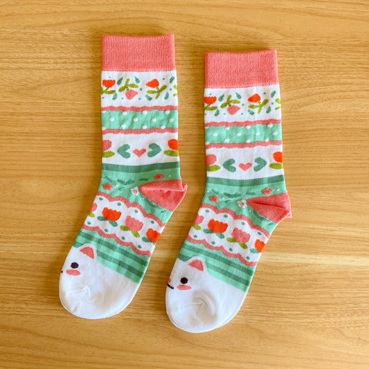 Crème the Cat Tulip Pattern - Cotton Socks