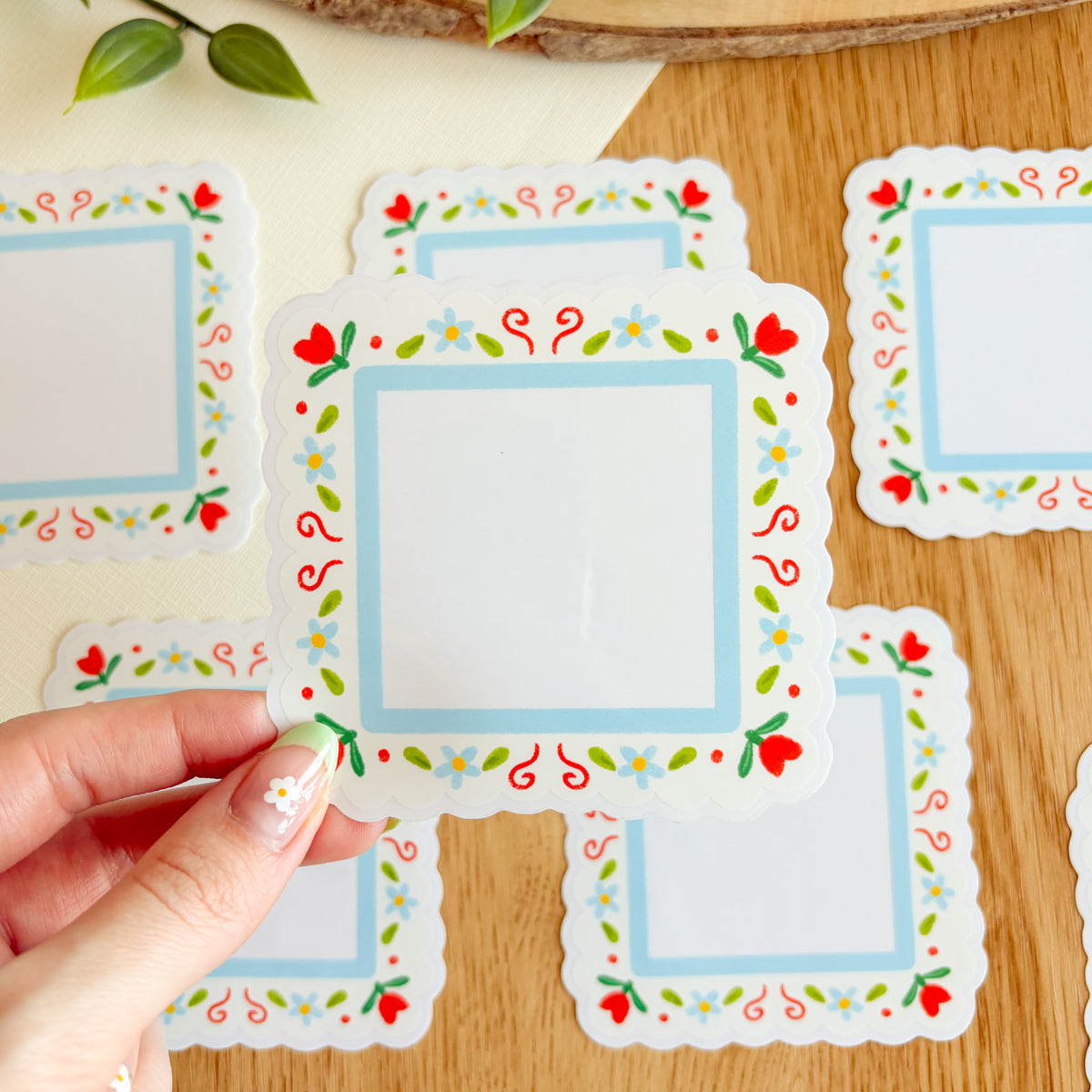 Scalloped Daisy Frame (Blue & Red) - Clear Vinyl Sticker