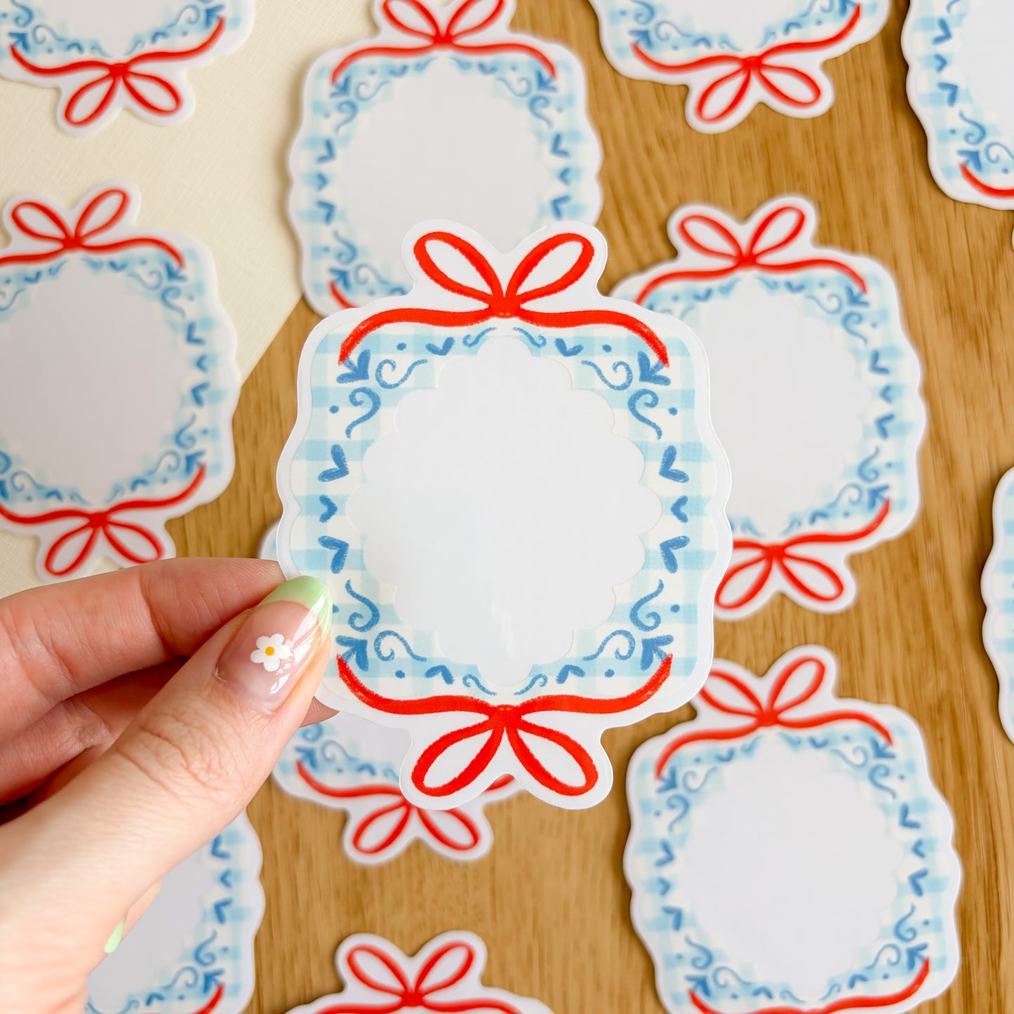 Gingham Ribbon Frame (Blue) - Clear Vinyl Sticker