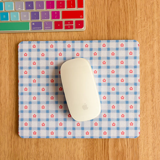 Blue Gingham Daisy - Rectangle Mouse Mat